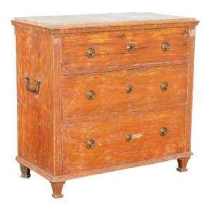 Original Brown Painted Pine Chest of Three Drawers, Sweden Circa 1820-40