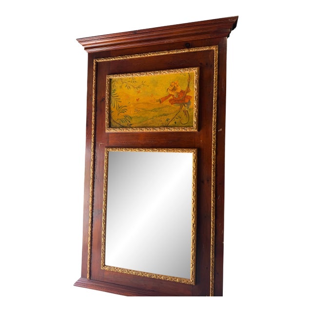 Monumental Vintage Trumeau Mirror With Singerie Monkey Painting, 88" For Sale