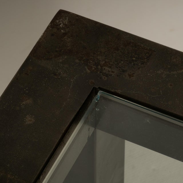 Vintage Brutalist Iron, Brass & Wood Console Table W/ Thick Beveled Glass Insert For Sale - Image 14 of 18