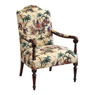 1930s English Chinoiserie Carved Oak Arm Chair in Palm Toile For Sale