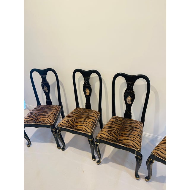 Gorgeous Regency Mid 20th Century Set of 4 Dining Chairs Black Lacquer TigerBrocade For Sale - Image 9 of 14
