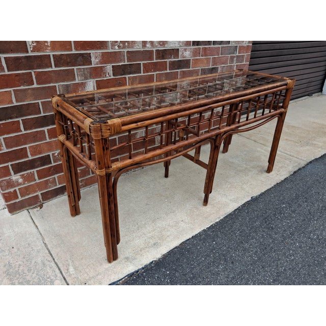 Large Mid Century Boho Chic Rattan Console Table with Glass Top - Miami Coastal Vibe Franc9 Albini Style - Very Good...