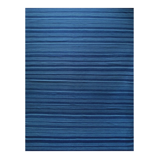 10x14 Para Penelope Blue Stripe Geometric Flatweave Wool Carpet Rug For Sale