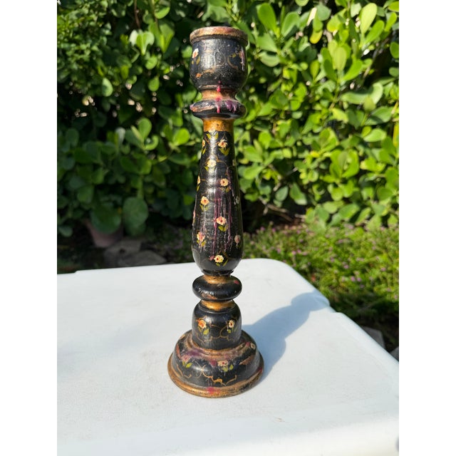 Traditional Vintage Hand-Painted Floral Folk Art Candlestick Sculpture For Sale - Image 3 of 12