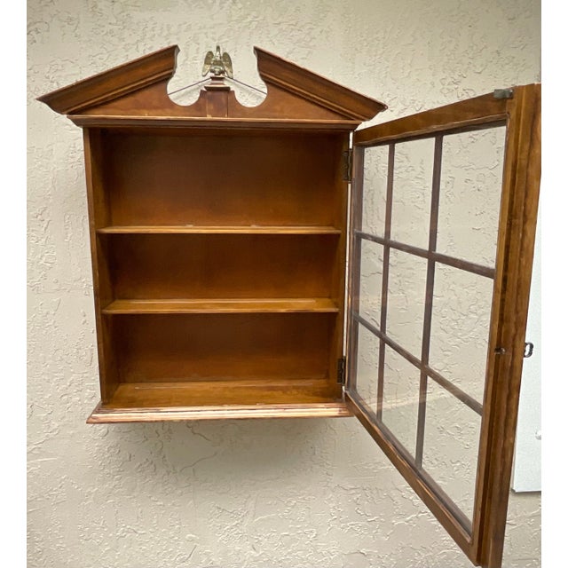 Brass Vintage Solid Wood Hanging Wall Cabinet / Curio & Brass Eagle Finial For Sale - Image 8 of 17