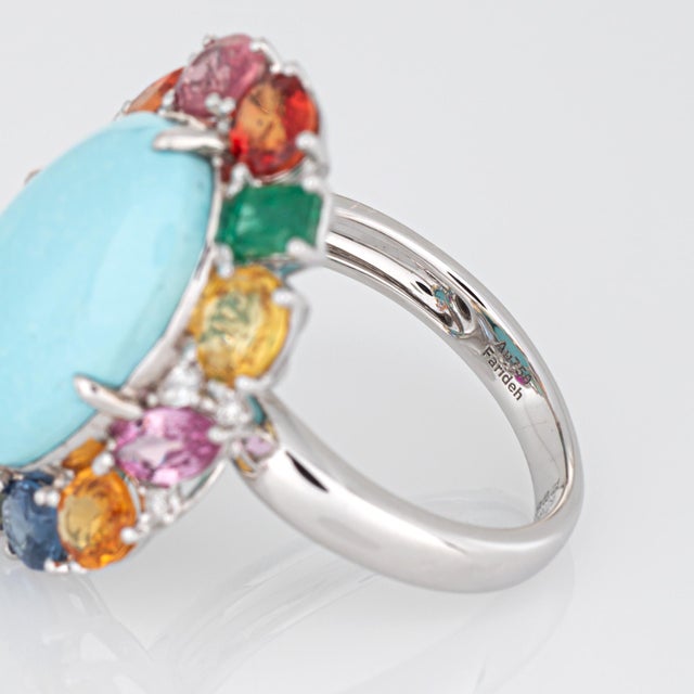 Metal Turquoise Rainbow Sapphire Ring Diamond 18k Gold Sz 7 Estate Cocktail Jewelry For Sale - Image 7 of 7
