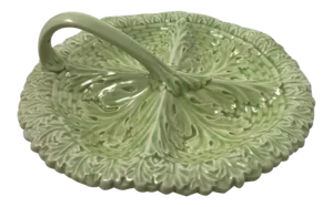 Vintage Majolica Ceramic Basket Leaf 4 Section Serving Dish