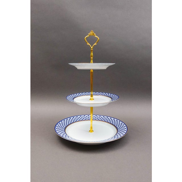 Late 20th Century Lomonosov Blue Gold Net Imperial Porcelain 3-Tier Dessert Cake Stand For Sale - Image 4 of 6