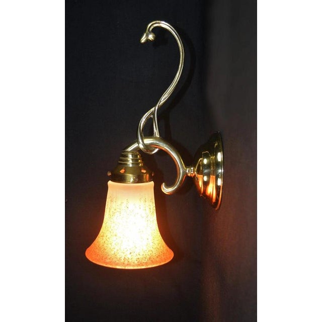 Metal Mid-Century French Art Nouveau Brass Wall Sconce with Ribbed Glass Shade, 1950s For Sale - Image 7 of 12