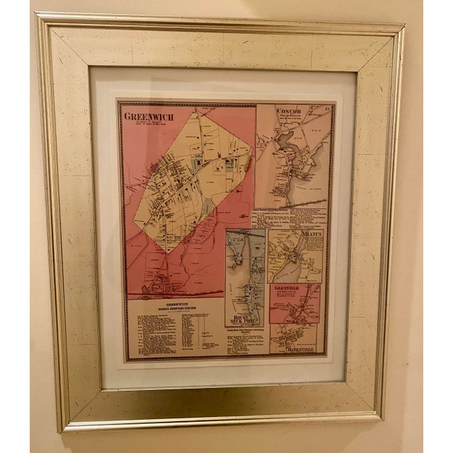 Framed map of Greenwich., Connecticut, Silver leaf framed antique map.