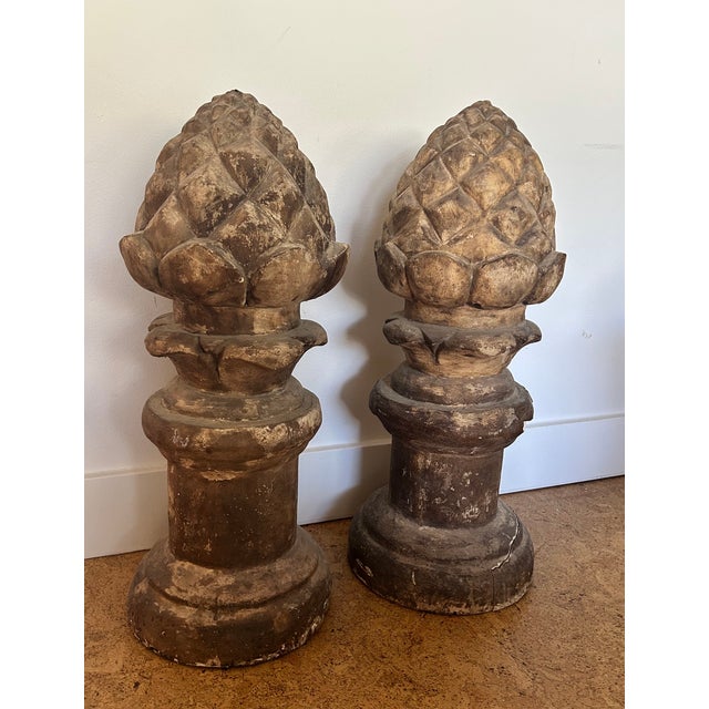 Wood Vintage Pair of Carved Garden Acorns on Pedestal For Sale - Image 7 of 14