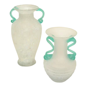 Set of 2 Italian White & Mint Green Scavo Glass Wheat Vases, Vessel, Italy 1980