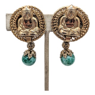 Vintage 1960s Signed Napier Goldtone Buddha Faux-Jade Drop Clip Earrings-2 Pieces For Sale