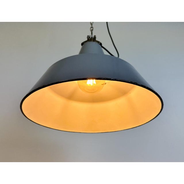 Industrial Grey Enamel Factory Pendant Lamp, 1960s For Sale - Image 18 of 18