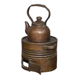 Vintage Solid Bronze Wine / Teapot With Integrated Charcoal Stove, Antique Chinese Warming Kettle Set, Chinoiserie Tabletop Decor For Sale