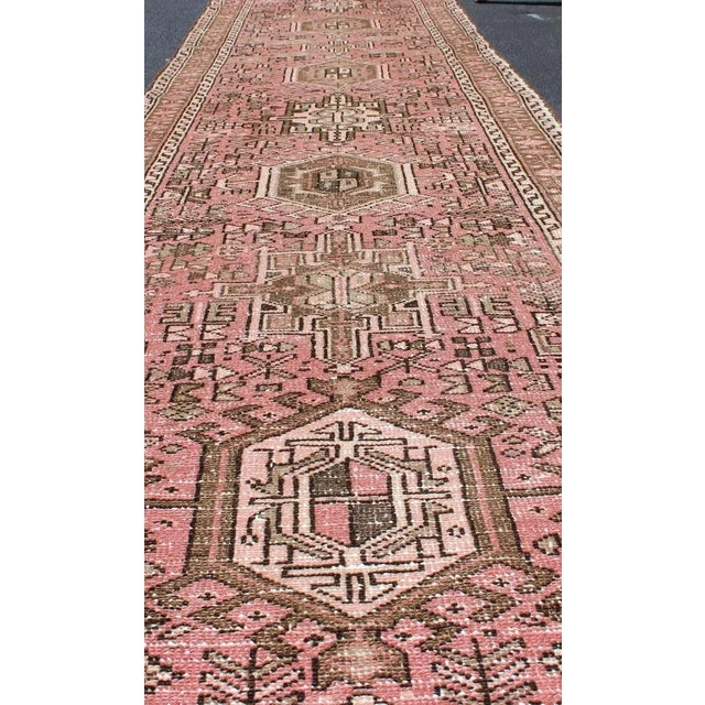 Textile Long Narrow Persian Heriz Runner With Tribal Design in Pink and Taupe For Sale - Image 7 of 13