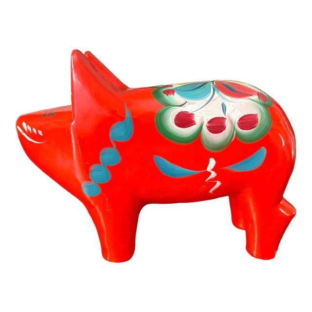 1960s Swedish Folk Wooden Dala Pig, Hand Painted For Sale