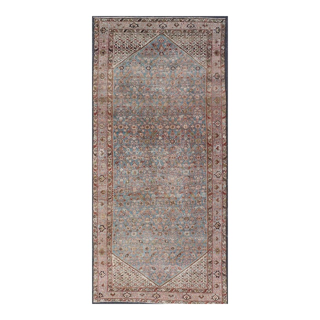 Antique Persian Malayer Gallery Rug With Soft Blue Field and Lattice 7 X 16'3 For Sale
