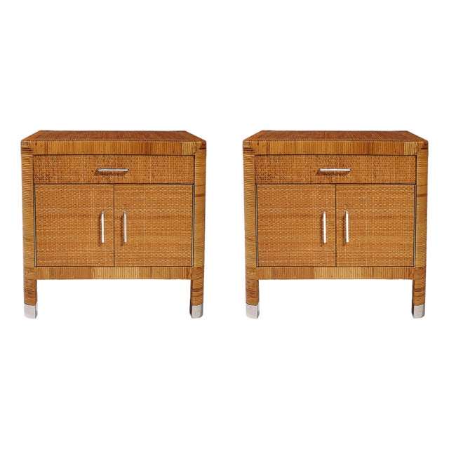 Mid-Century Modern Rattan & Bamboo Wrapped Nightstands Signed Bielecky Brothers For Sale