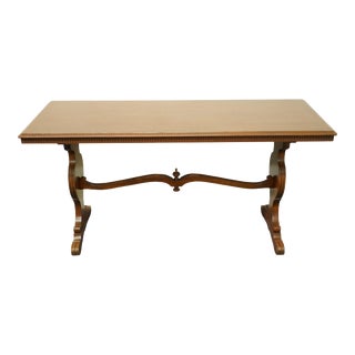 Vintage Antique Walnut English British Imperial Style 60" Accent Trestle Console Table W. Carved Shield Accents For Sale