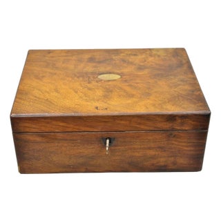 Antique English Victorian Burl Walnut Small Lap Desk Box With Fitted Interior For Sale