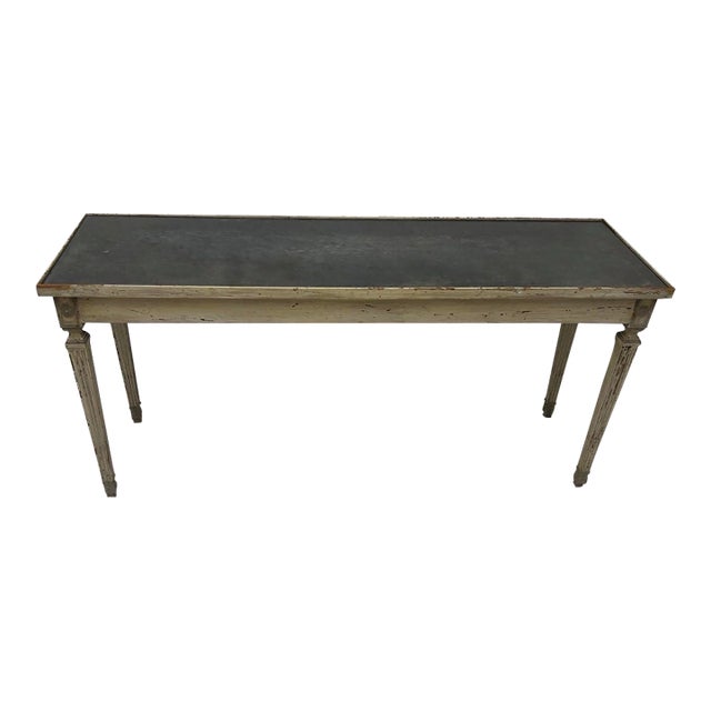 Neoclassical Painted Console Table With Smoked Glass Top and Carved Swag Details For Sale