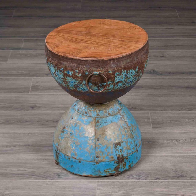 Wood Hand-Forged Metal Hourglass Side Table With Wood Top For Sale - Image 7 of 11