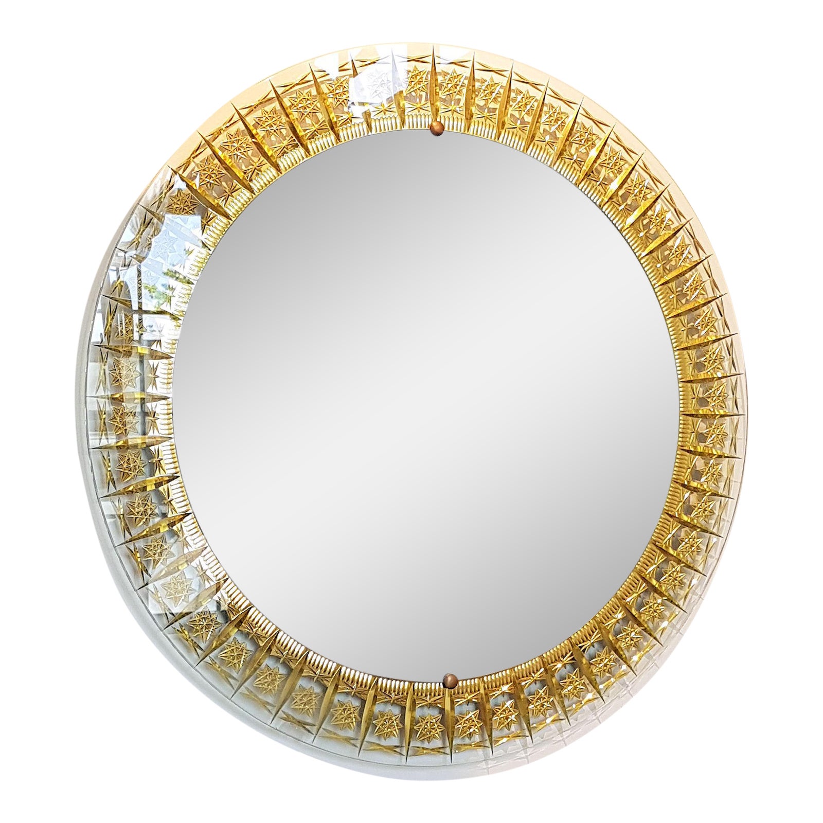Cristal Arte Round Mid Century Modern Mirror, Glass Gold Carved Frame