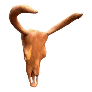 Hand-Carved Wood Cow Skull Wall Sculpture For Sale