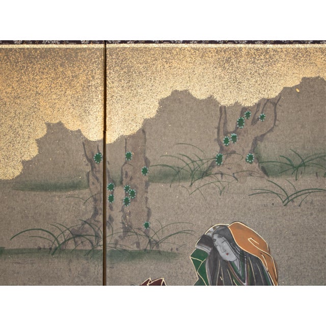 Wood "Dancing Kimono Beauties", C. 1960s Shōwa Era Yamato-E Style Painted Byobu Screen For Sale - Image 7 of 18