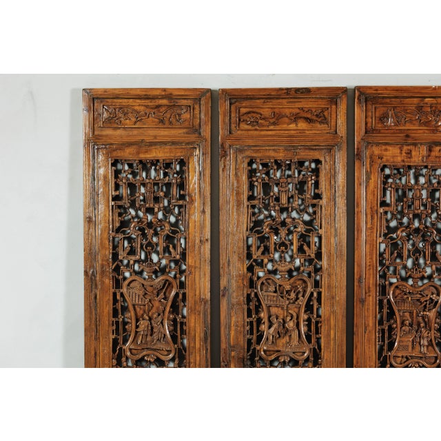 Early 20th Century Antique Chinese Carved Wood Architectural Panels with Lattice and Figures – Set of 4 For Sale - Image 5 of 12