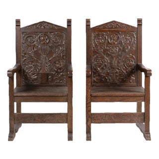 Pair of Antique North European Carved Oak Wainscot Chairs - 19th Century - 26" X 23" X 43" For Sale