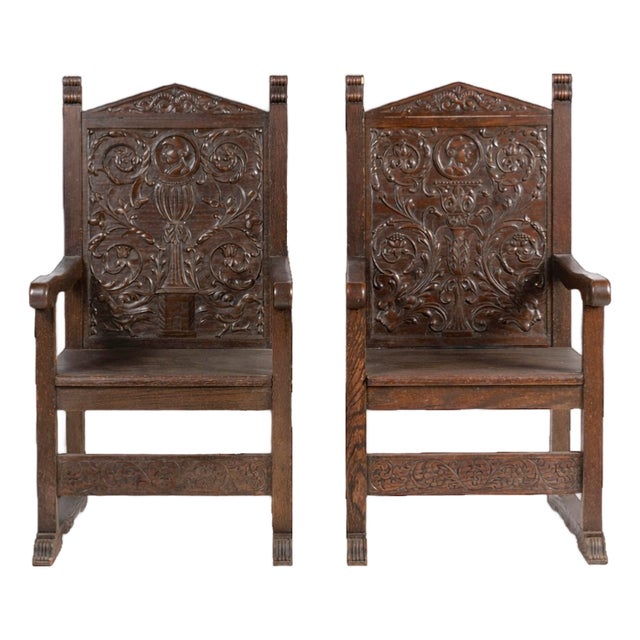 Pair of Antique North European Carved Oak Wainscot Chairs - 19th Century - 26" X 23" X 43" For Sale