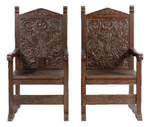 Pair of Antique North European Carved Oak Wainscot Chairs - 19th Century - 26" X 23" X 43"