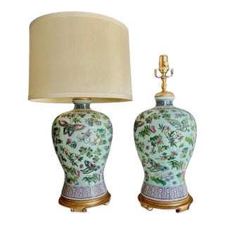 Pair Chinese Asian Famille Rose Porcelain Table Lamps For Sale