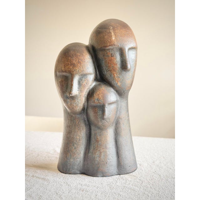 Figurative 1970s Modernist Three-Head Bust Sculpture of Bronzed Terracotta in Brancusi / Modigliani Style Abstract Figurative Ceramic For Sale - Image 3 of 12