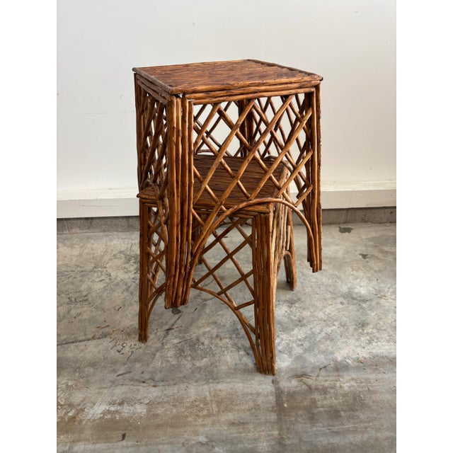 Mid Twentieth Century Natural Wicker Rattan Bamboo Lattice Chippendale Detail Square Footstools, a Pair For Sale - Image 4 of 7