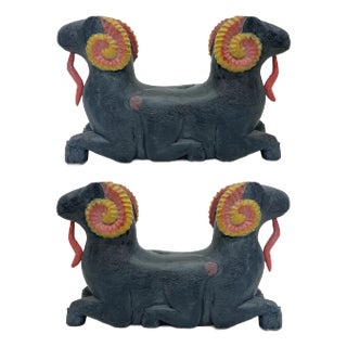 Vintage Hand-Carved Painted Wood Rams Coffee Table Bases, Pair For Sale
