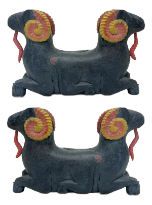 Vintage Hand-Carved Painted Wood Rams Coffee Table Bases, Pair