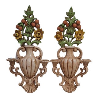 Homco Floral Urn Wall Sconces, Candle Holders Pair For Sale