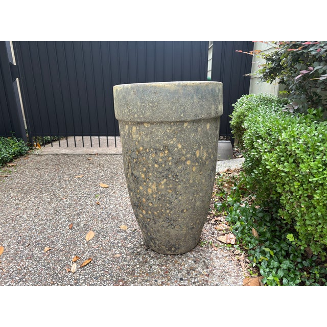 Monumental Pair Of Glazed Pottery Garden Urns. Offered is a stately large pair of mid-century glazed pottery garden urns...