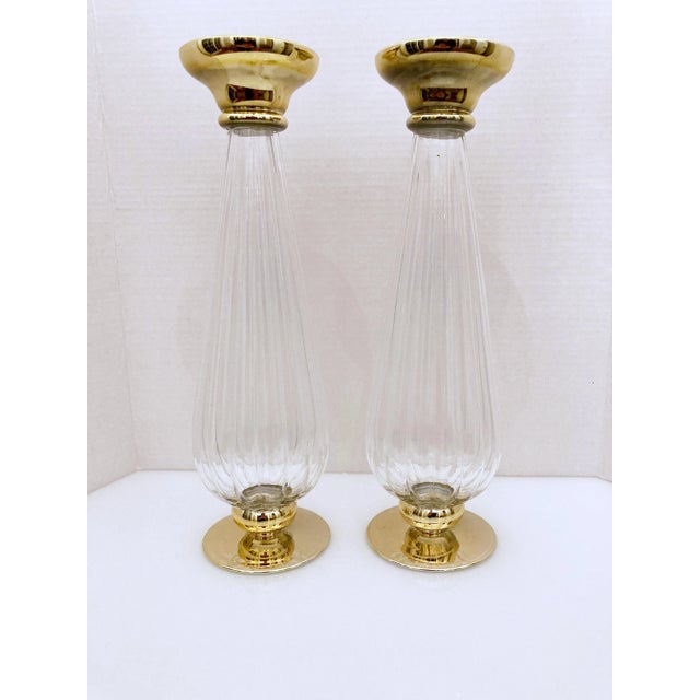 Murano Venetian Hand Blown Gold and Clear Glass Candle Holders - a Pair For Sale In New York - Image 6 of 7