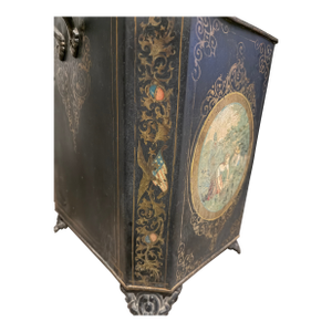 Antique French Tole Painted Coal Scuttle With Pastoral Scenes & Gilt Details