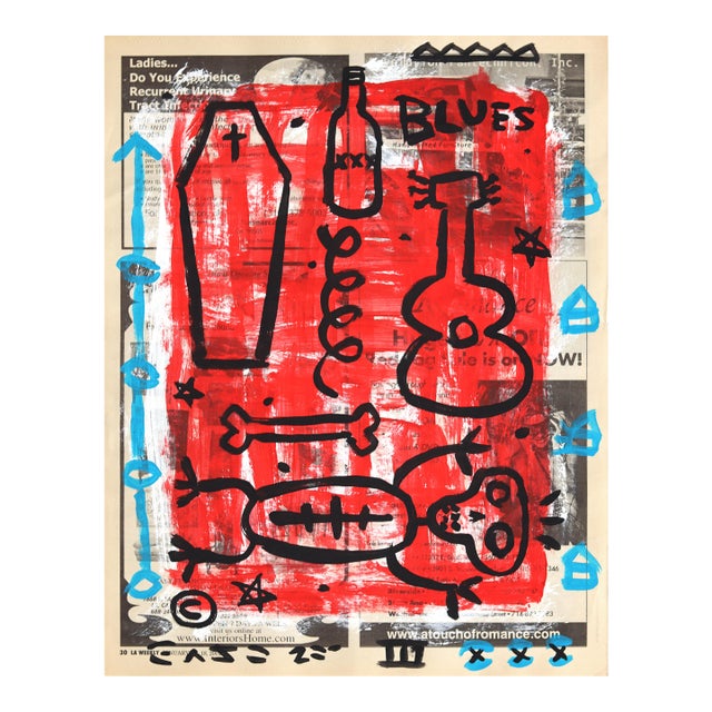 Skeleton Strums - Original Pop Street Art Acrylic Painting on Newspaper by Gary John For Sale