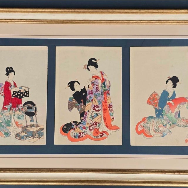 Toyohara Yōshū Chikanobu, Kimono Changing CeremonyTriptych, 1895, Glass, Wood and Paper For Sale - Image 3 of 18