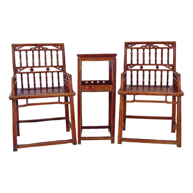 19 Century Antique Camphor Wood Chinese Southern Official's Hat Armchairs Set For Sale