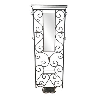 Wall-Mounted Coat Rack in Wrought Iron with Central Mirror For Sale