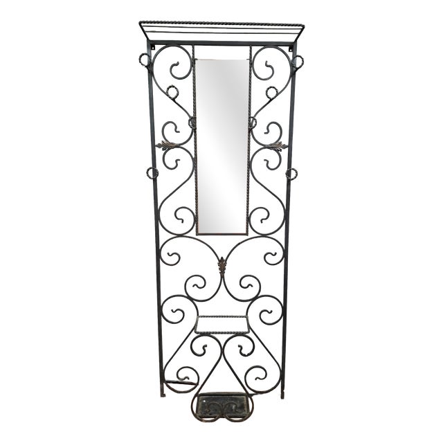Wall-Mounted Coat Rack in Wrought Iron with Central Mirror For Sale