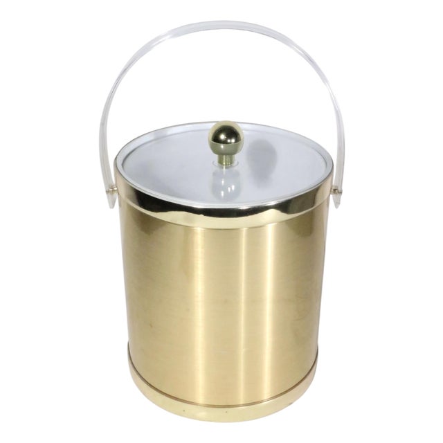 Hollywood Regency Gold and Lucite Ice Bucket With Original Lucite Ice Tongs C. 1970's For Sale