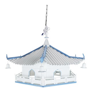 Vintage Blue and White Chinese Classical Architecture "Pavilion" Style Chandelier For Sale